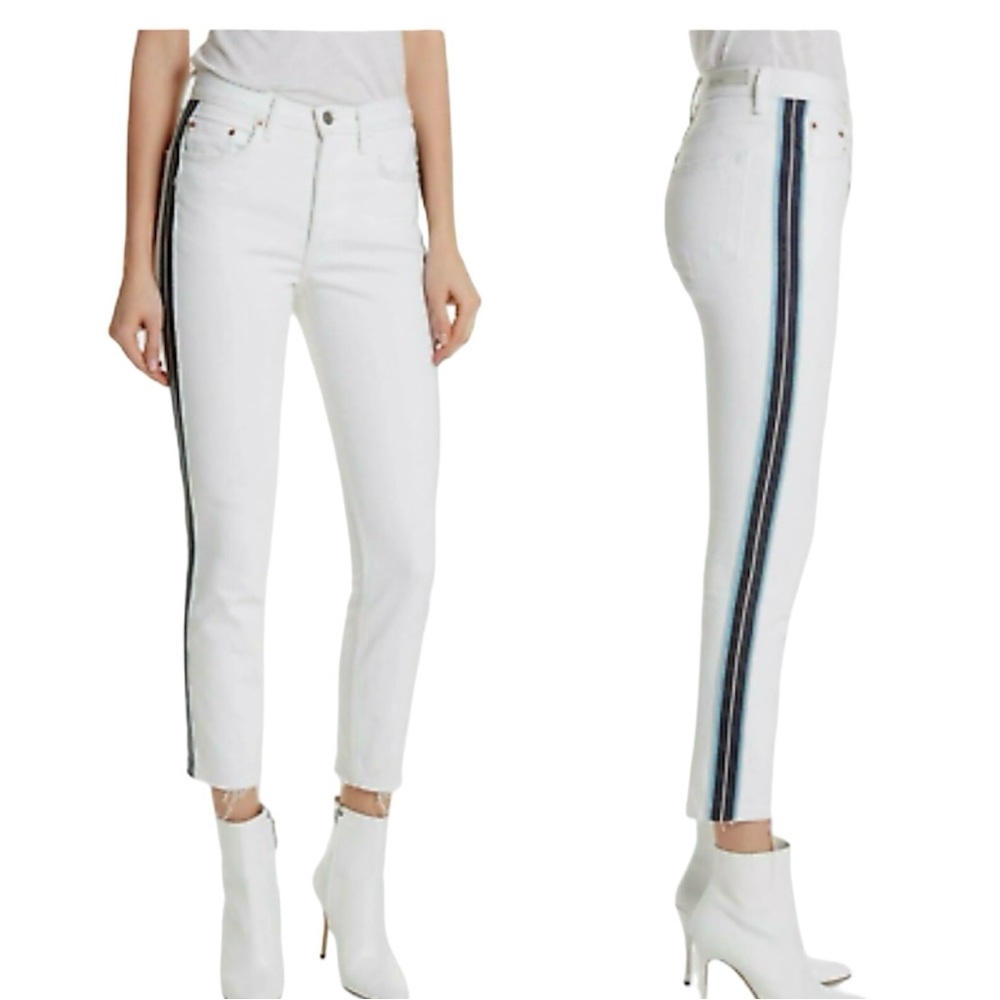 NWT Grlfrnd White Blue Stripe Karolina Skinny Crop High Waist Jeans Denim 24 XS